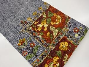 未使用品　手織り真綿紬抽象花唐草模様織出し名古屋帯